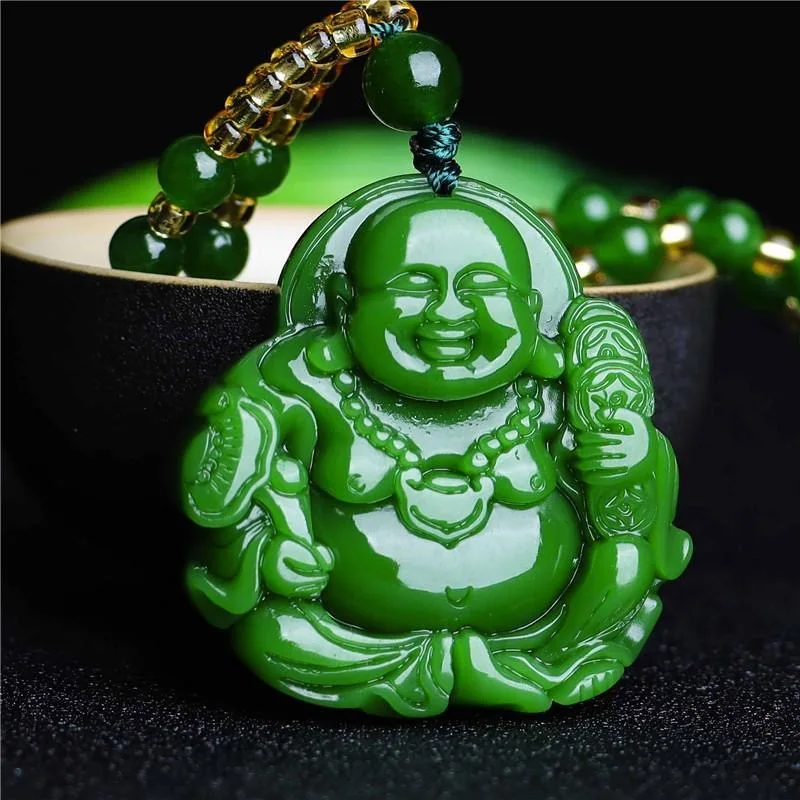 Necklaces - Chinese Green Jade Maitreya Buddha Pendant