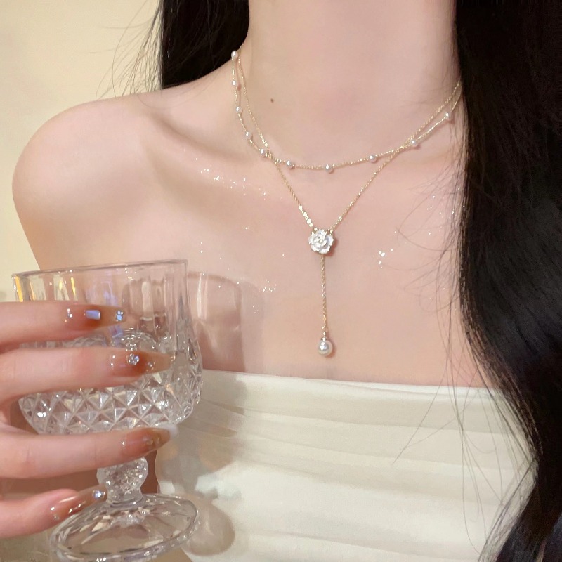 Y2K Double Layer Camellia Flow - огляд і ціна Layered Pendant Necklace Aesthetic